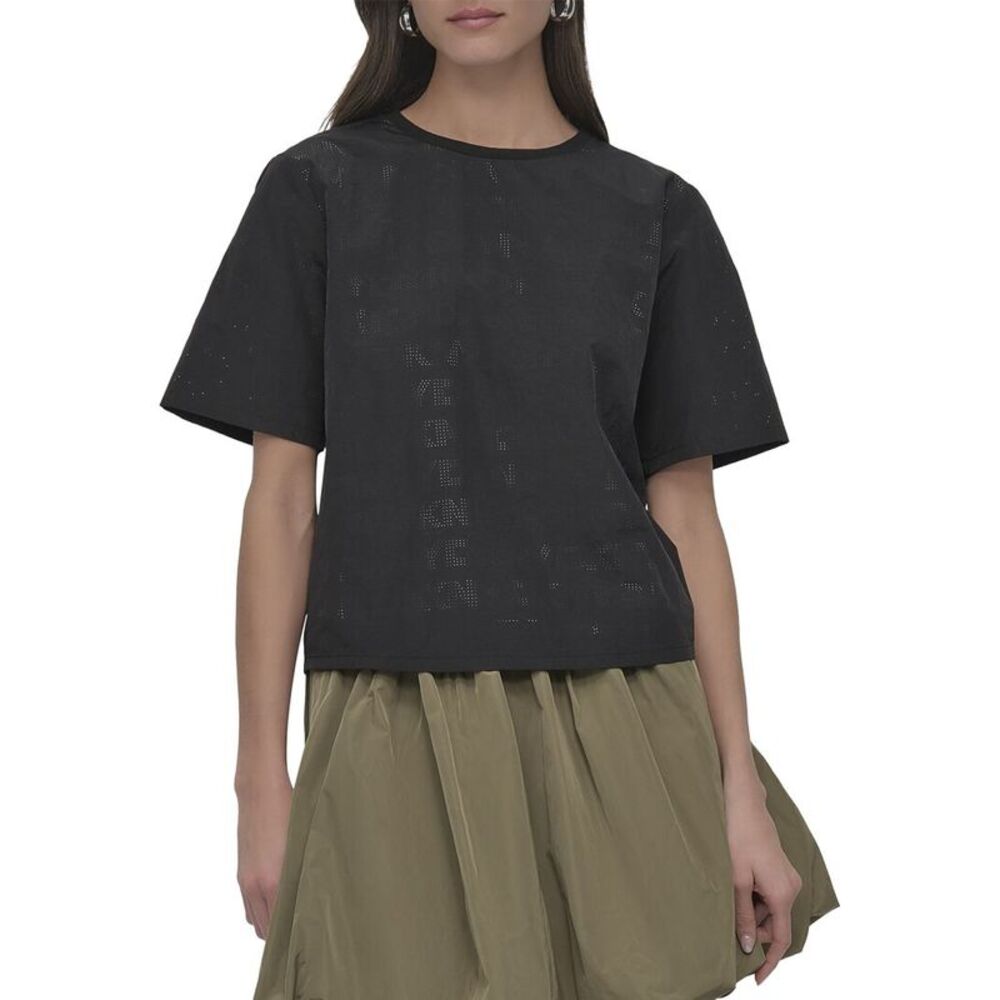 Dkny Womens Perforated Logo Boxy T-Shirt, Black